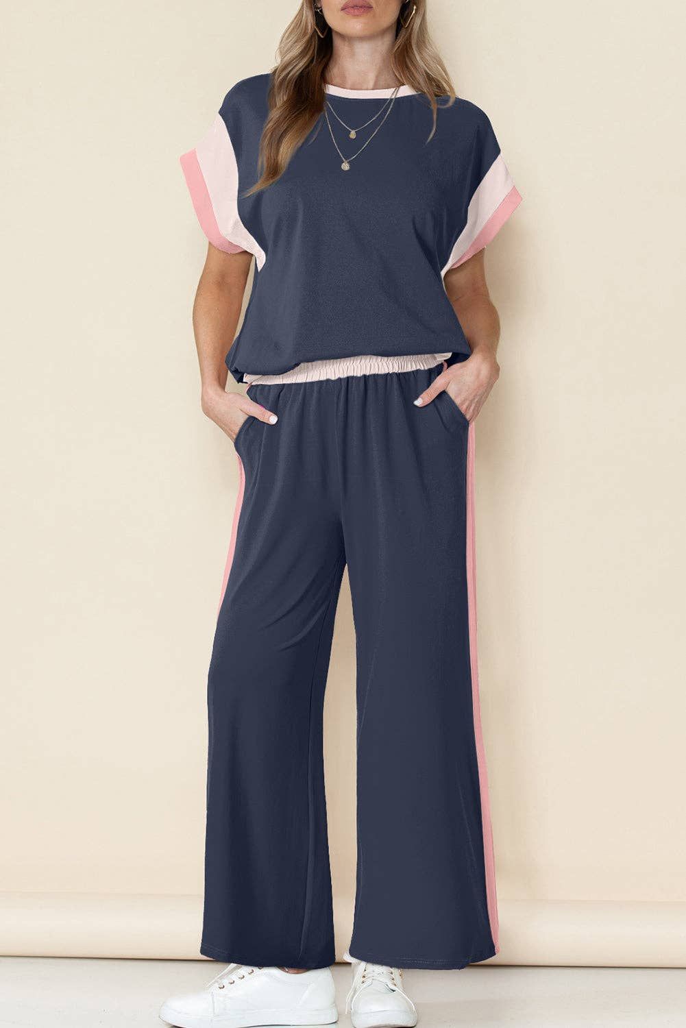 Navy Color Block Lounge Set Wide Leg Pants 2 Piece, Color: Navy Blue, Material: 95%Polyester+5%Elastane, Size: M