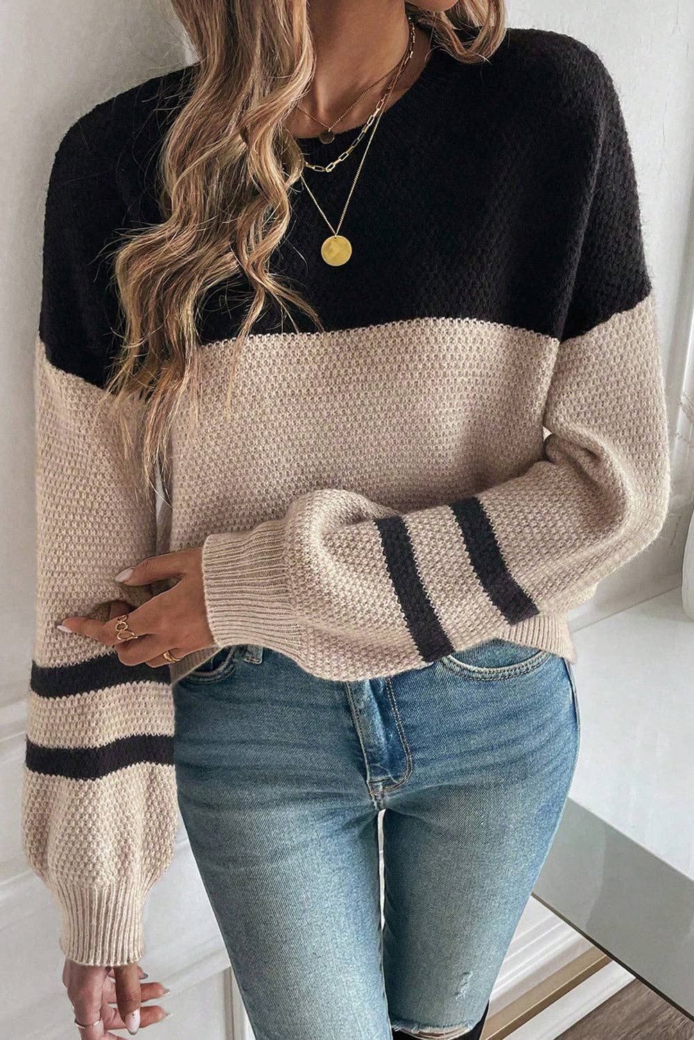 Parchment Color Block Knit Striped Sleeve Detail Casual Sweater, Color: Parchment, Material: 52%Viscose+26%Polyester+22%Polyamide, Size: L