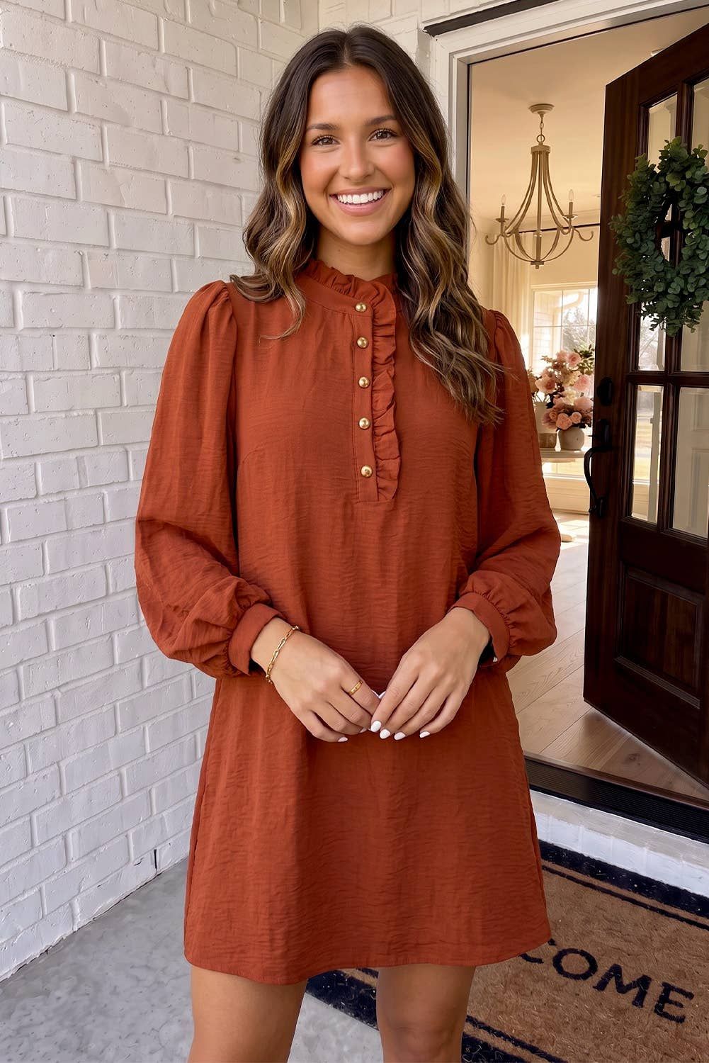 LAS Solid Ruffle Trim Bubble Sleeve Shift Mini Dress (S-XL), Color: Coffee, Size: M