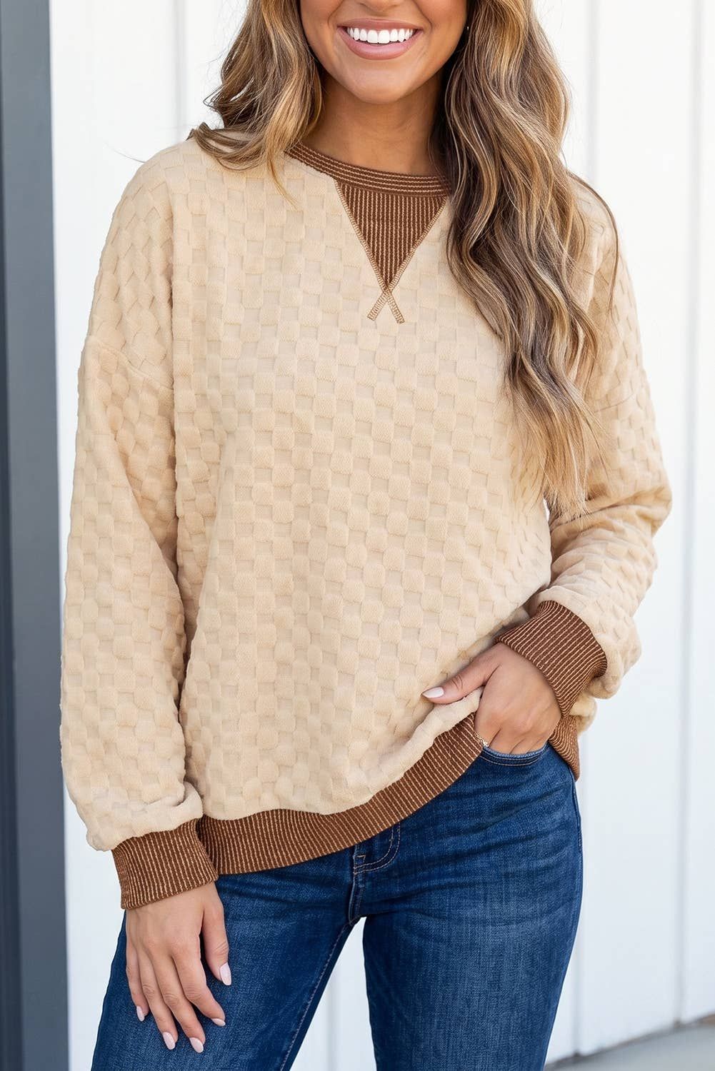 LAS Fall Checkered Patchwork Contrast Twisted Blouse (S-XL)
