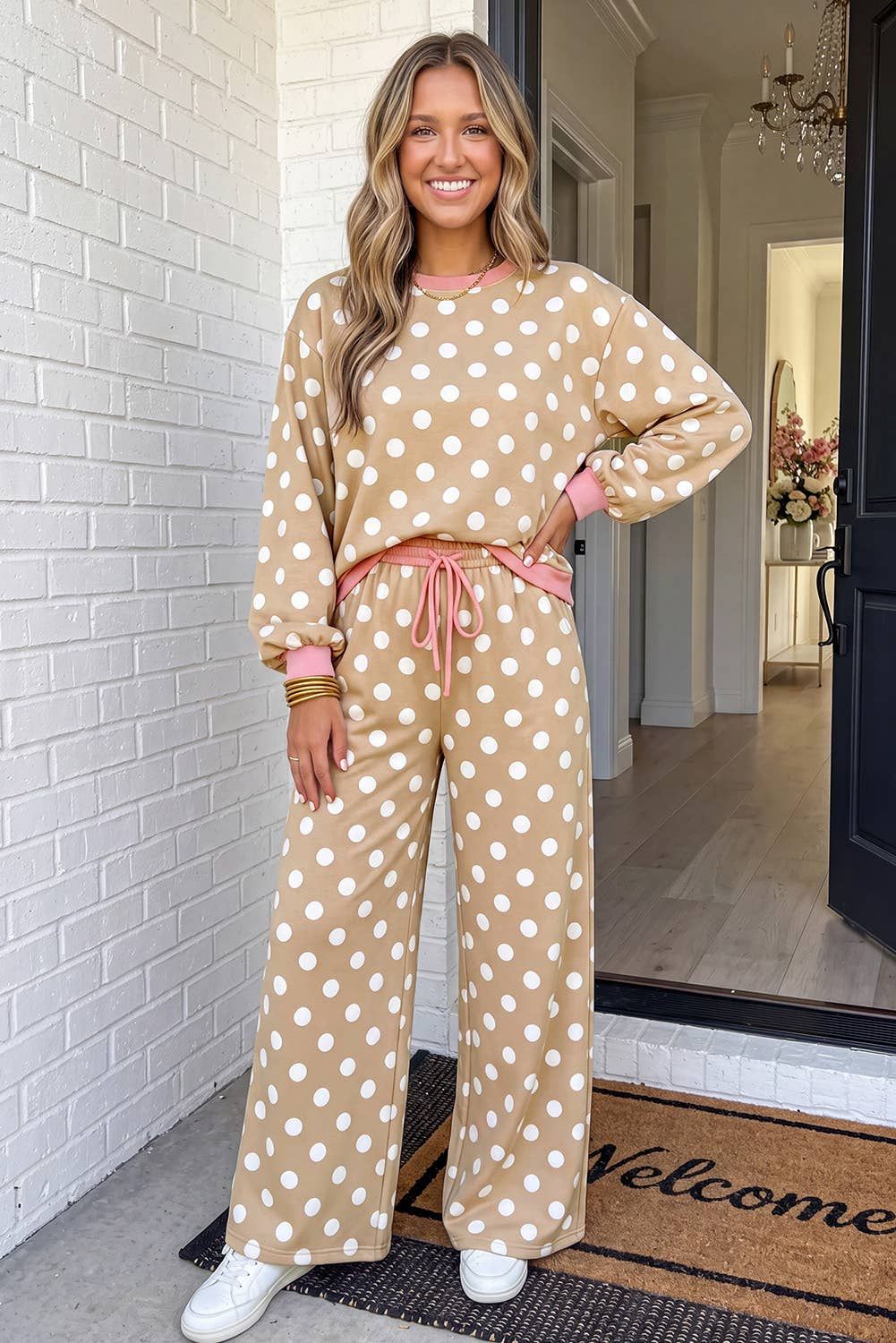 LAS Polka Dot Contrast Trim Top Drawstring Pants Set (S-XL), Color: Khaki, Size: S