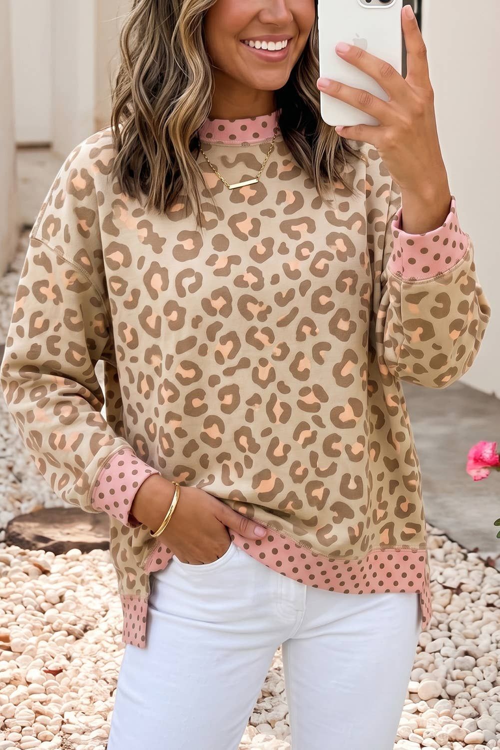 Polka Dot Colorblock Leopard Long Sleeve Tunic Blouse |S-4X