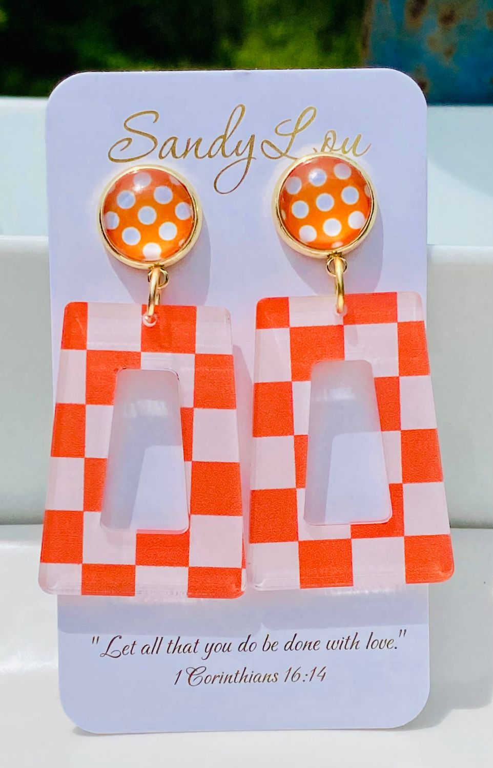 Retro Checkered Chic Acrylic Dangle Earrings - Orange/White