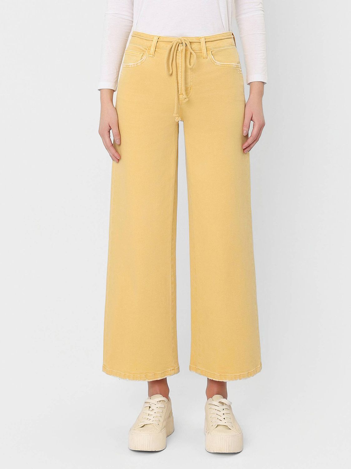 HIGH RISE DRAWSTRING COLOR CROP WIDE LEG JEANS T7437SAN, Color: MARIGOLD, Size: 29