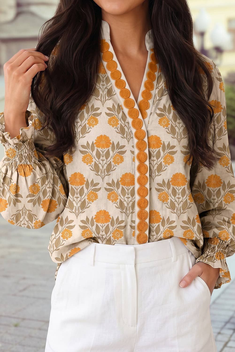 Floral Print V Neck Long Sleeve Casual Shift Blouse