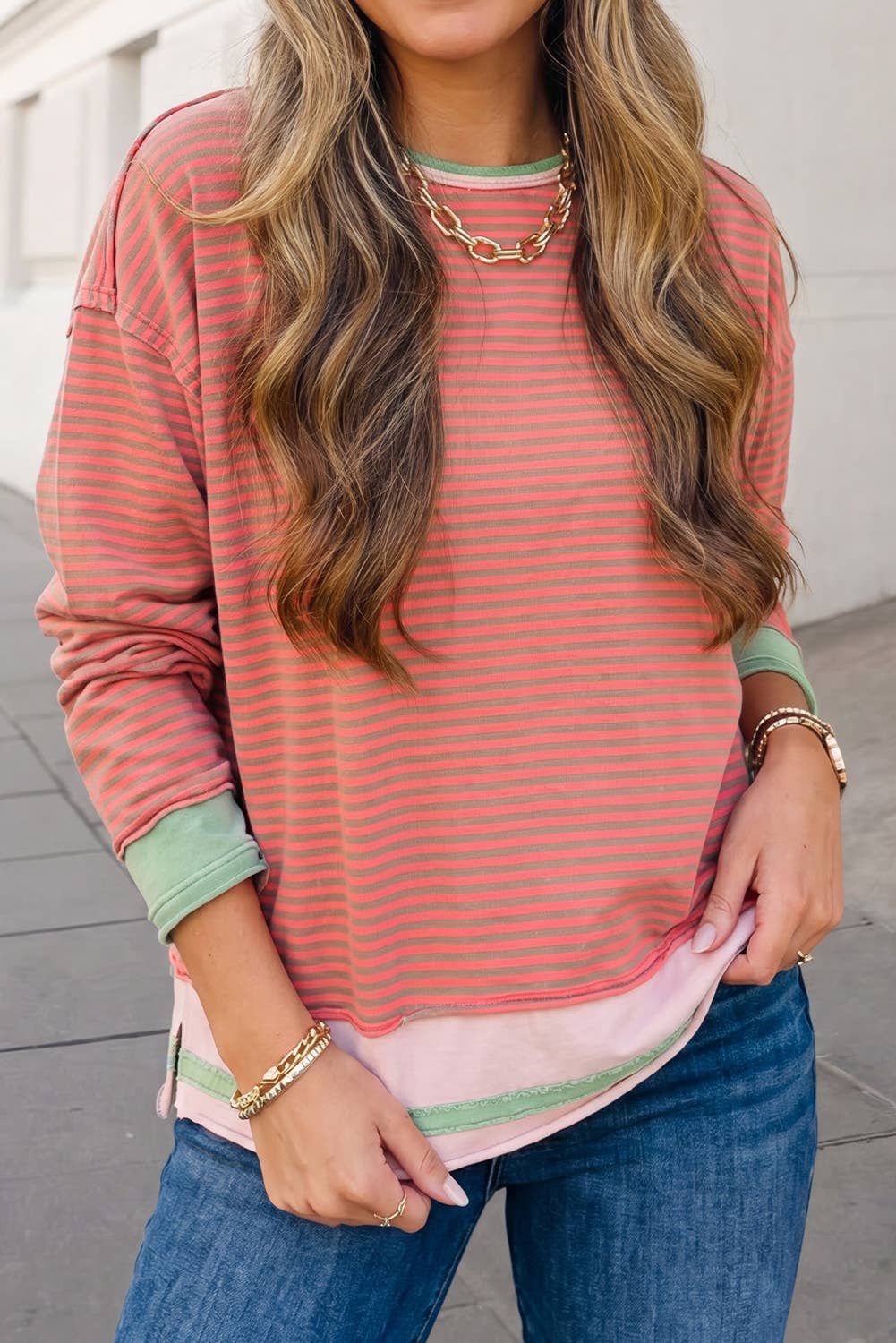 Striped Print Colorblock Crewneck Long Sleeve Top  | S-XL