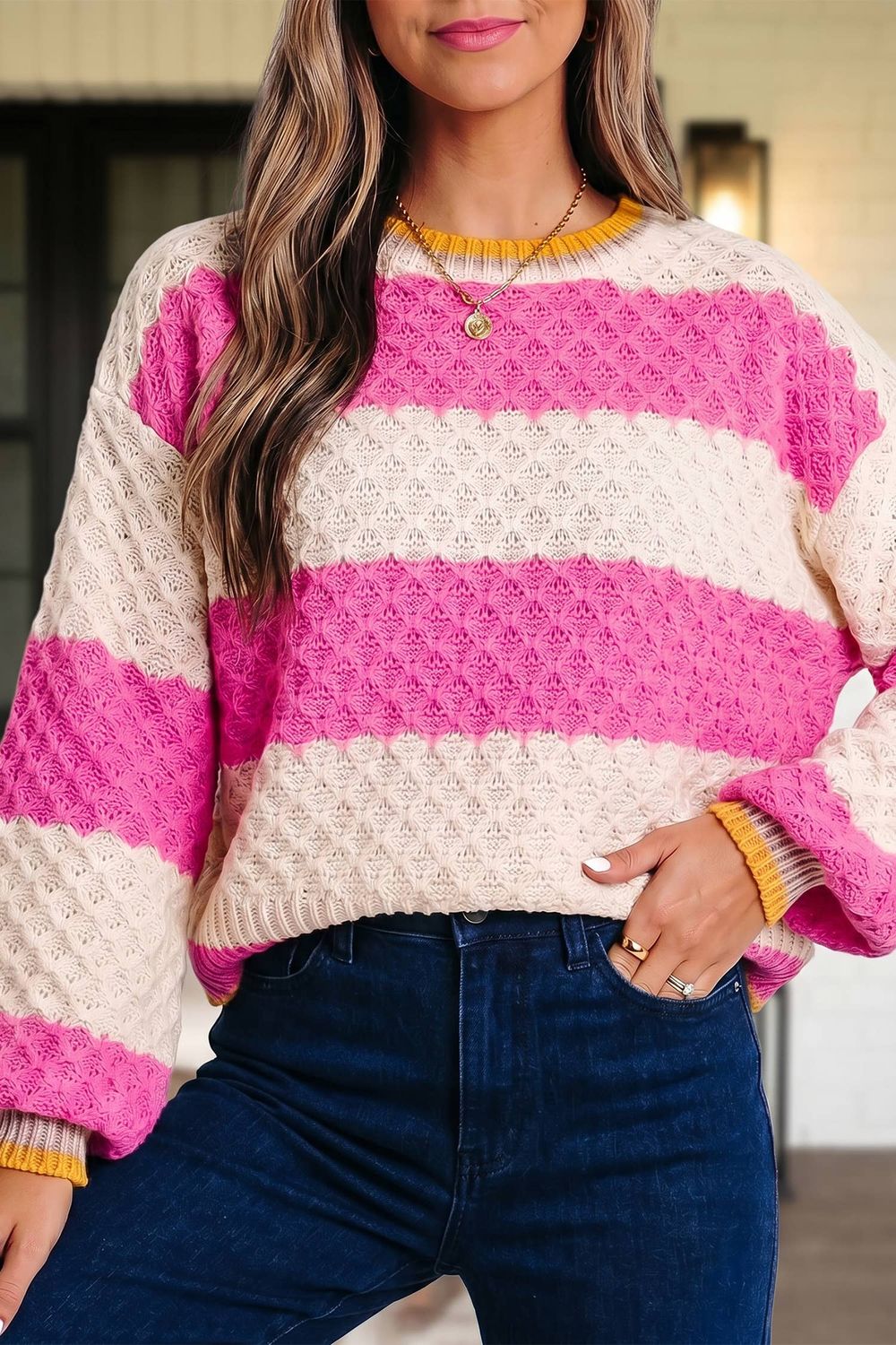 Striped Print Texture Drop Shoulder Sweater | S-XL, Color: Pink Stripe, Size: M