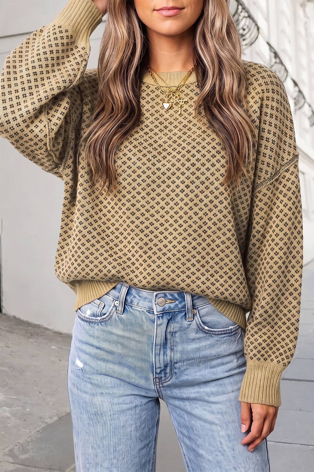 Geometric Crew Neck Shoulder Sweater | S-XL