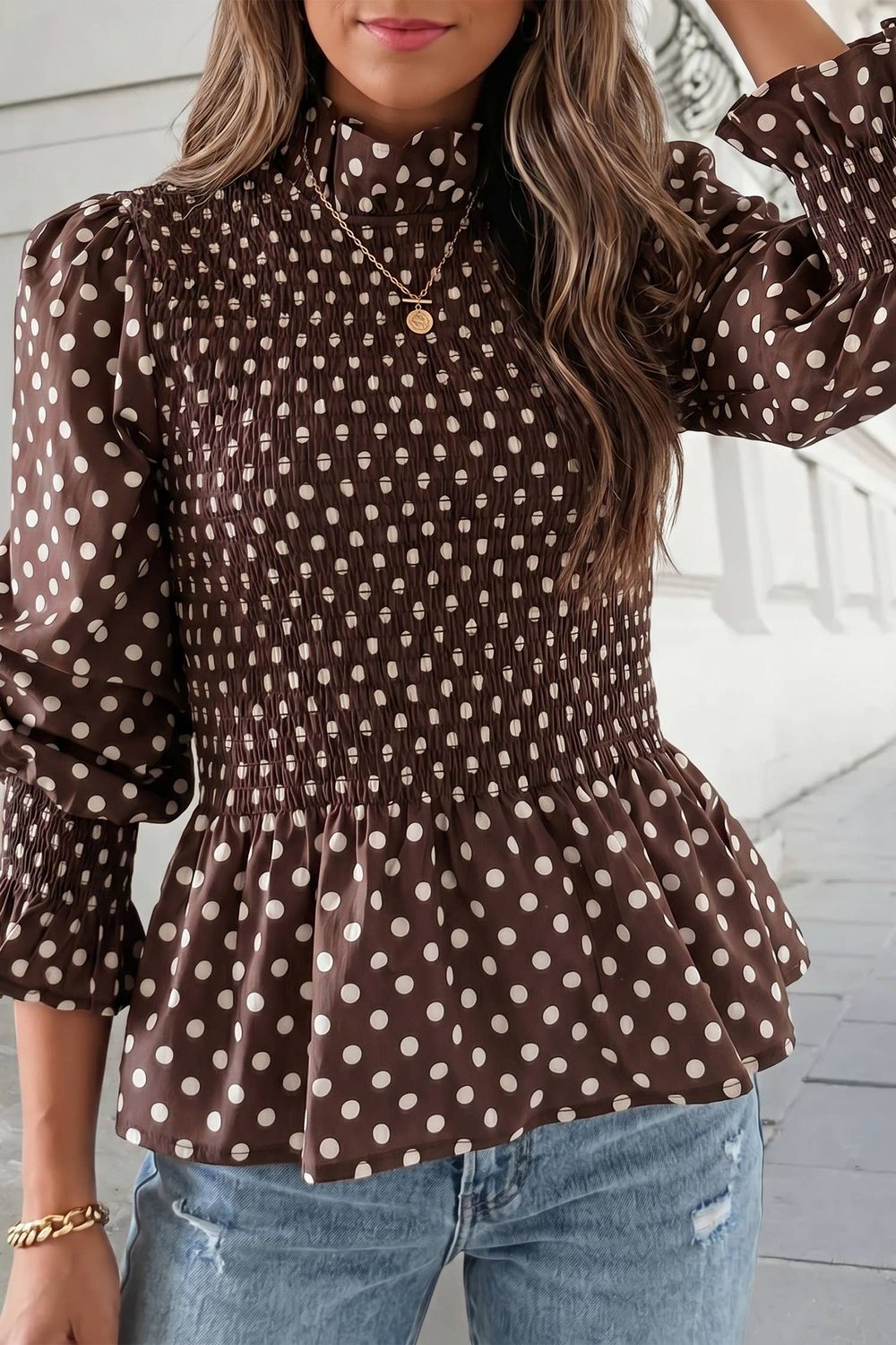 Cute Polka Dot Mock Neck Ruffled Shirred Blouse | S-XL, Color: Brown, Size: M