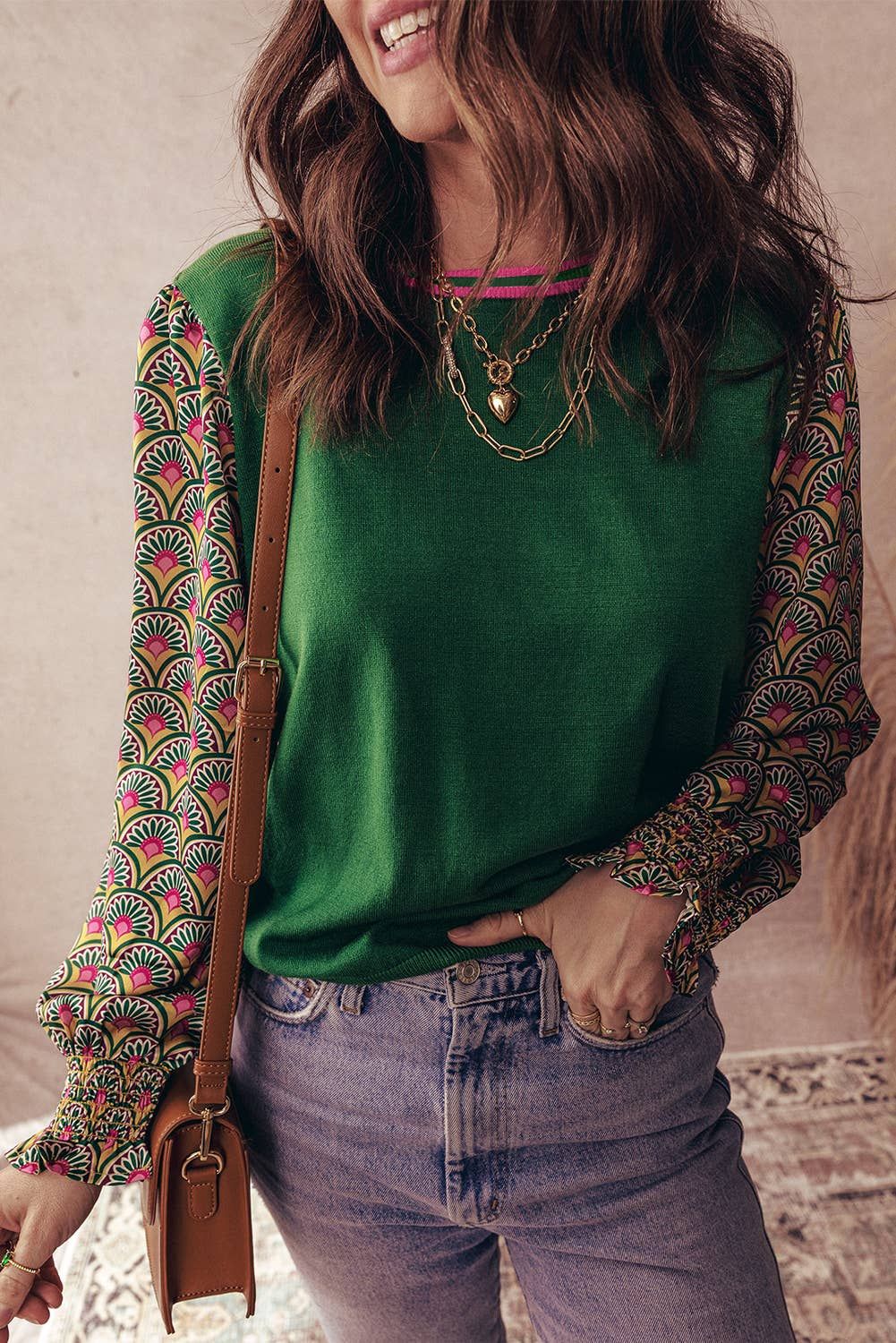 Floral Geomatric Shirred Cuff Knitted Top | S-XL