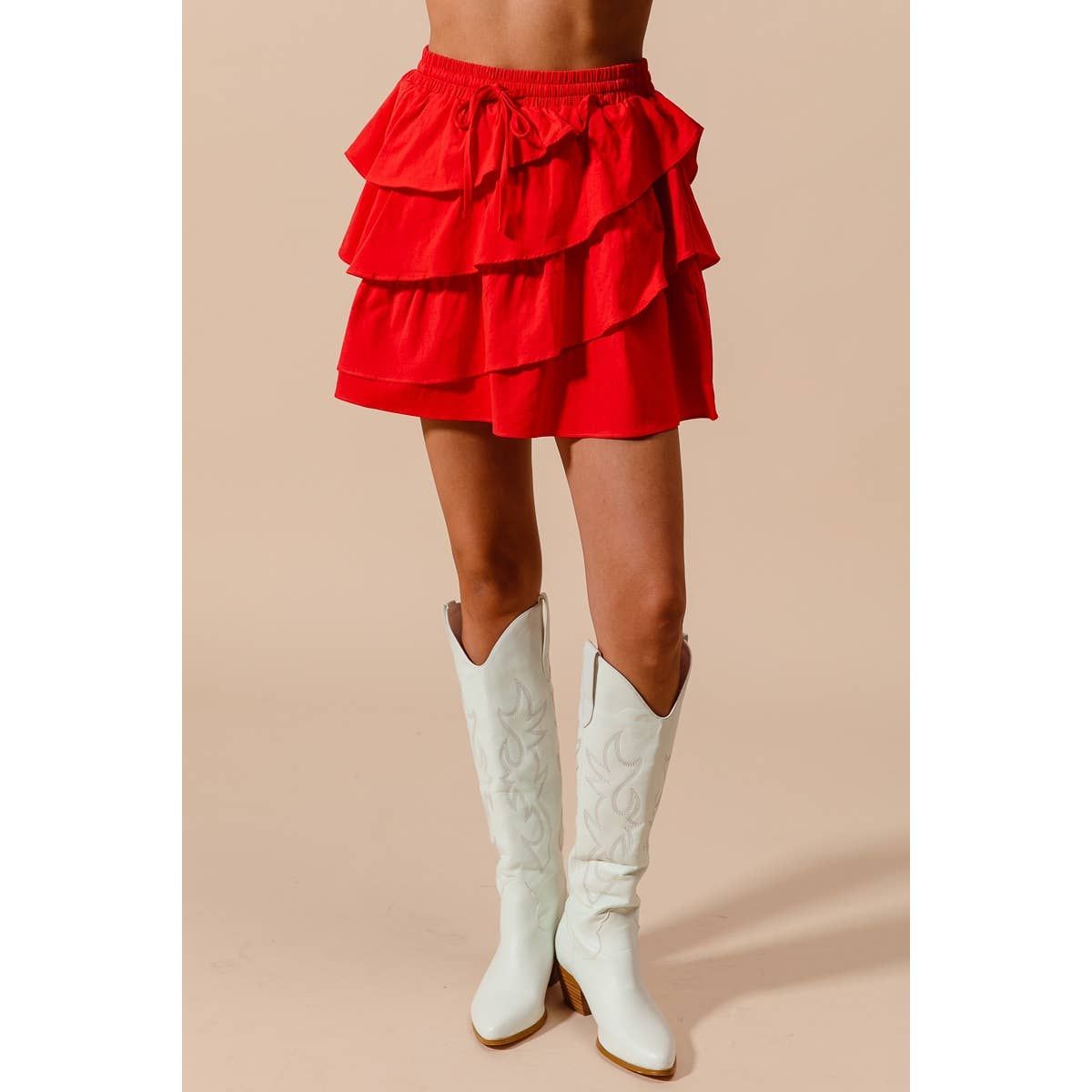 ASYMMETRICAL RUFFLED GAME DAY SKIRT, Color: RED, Size: L