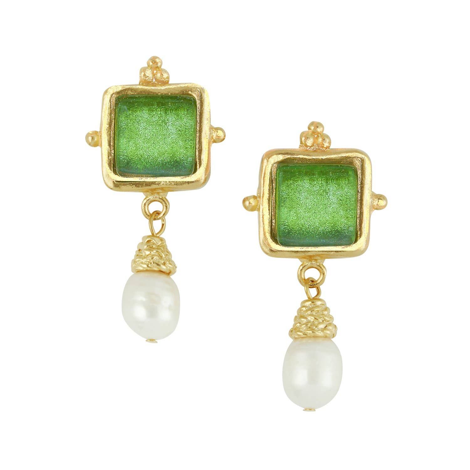 Madeline Pearl Drop Earrings, Color: Emerald