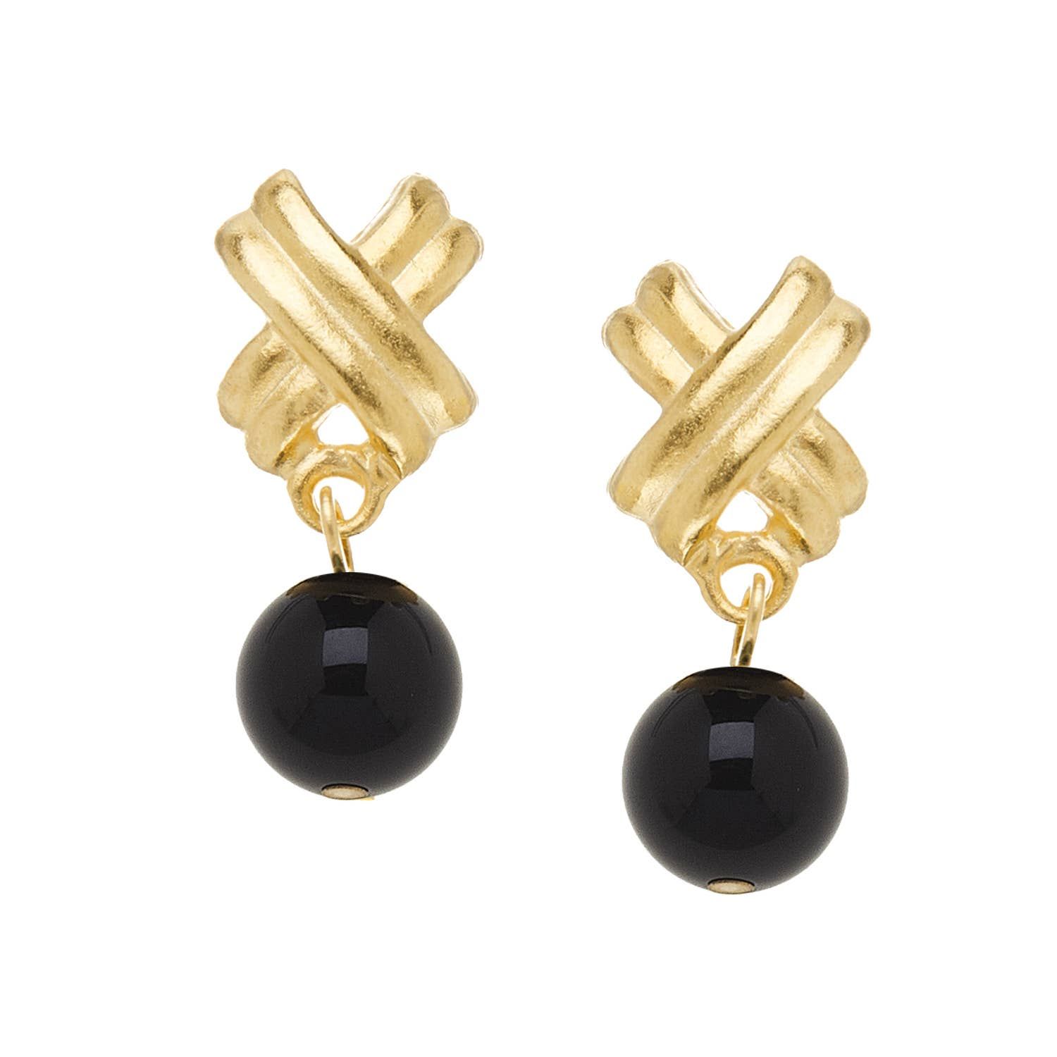 Gold Small Texas X's with Freshwater Pearl Earrings, Color: Black Onyx