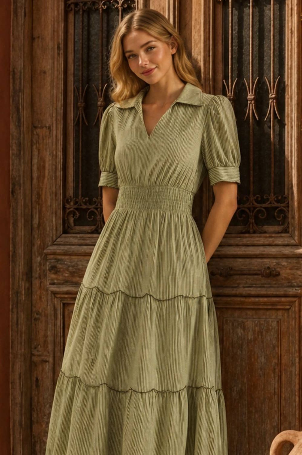 Collared Vertical Striped Puff Sleeve Maxi Dress