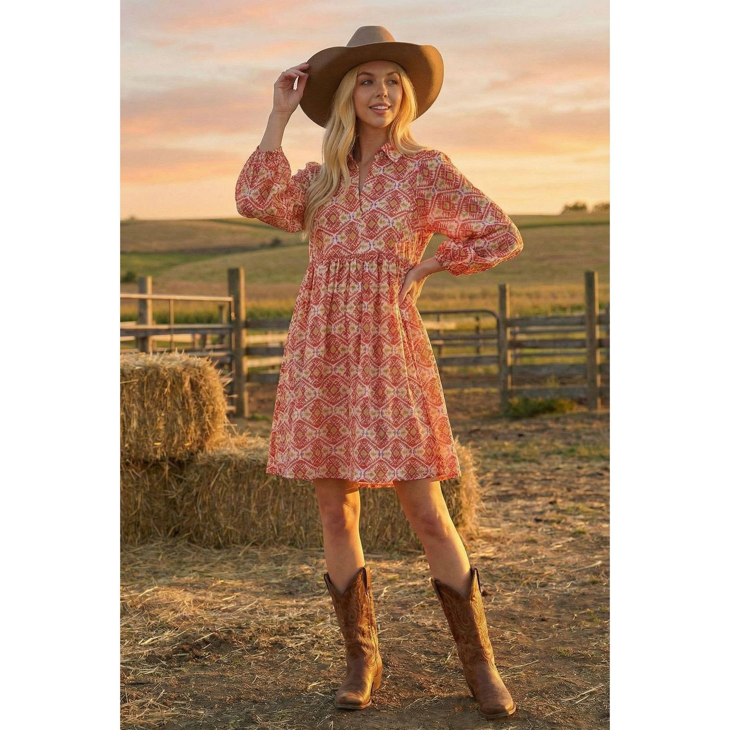 Boho Pattern Quarter Sleeve Collared Loose Fit Mini Dress