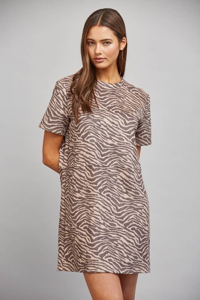 ANIMAL PRINT FAUX SUEDE SHIFT DRESS FD30733, Color: MAUVE/BROWN, Size: M
