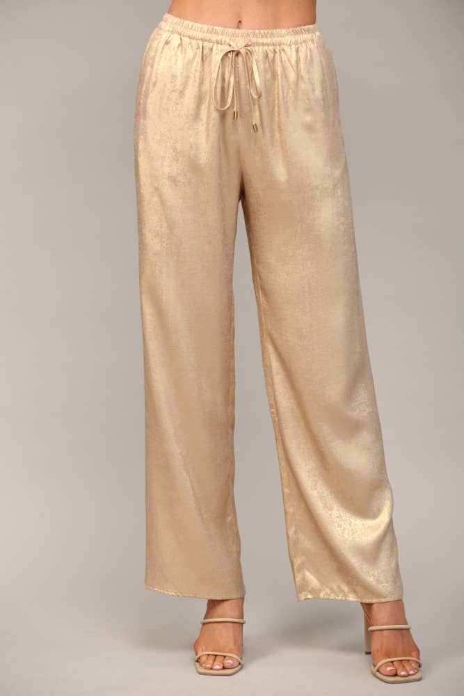 METALLIC WIDE LEG PANTS FP63102, Color: Gold, Size: M