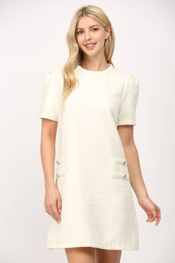 BRAIDED DETAIL SHORT PUFF SLV TWEED DRESS FD30300