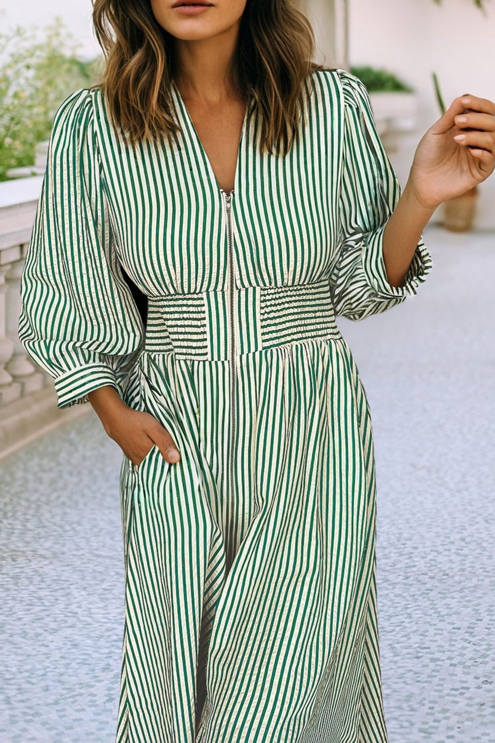 LDC Stripe V Neck Zip Front Cinched High Waist Midi Dress, Color: Green, Size: XL