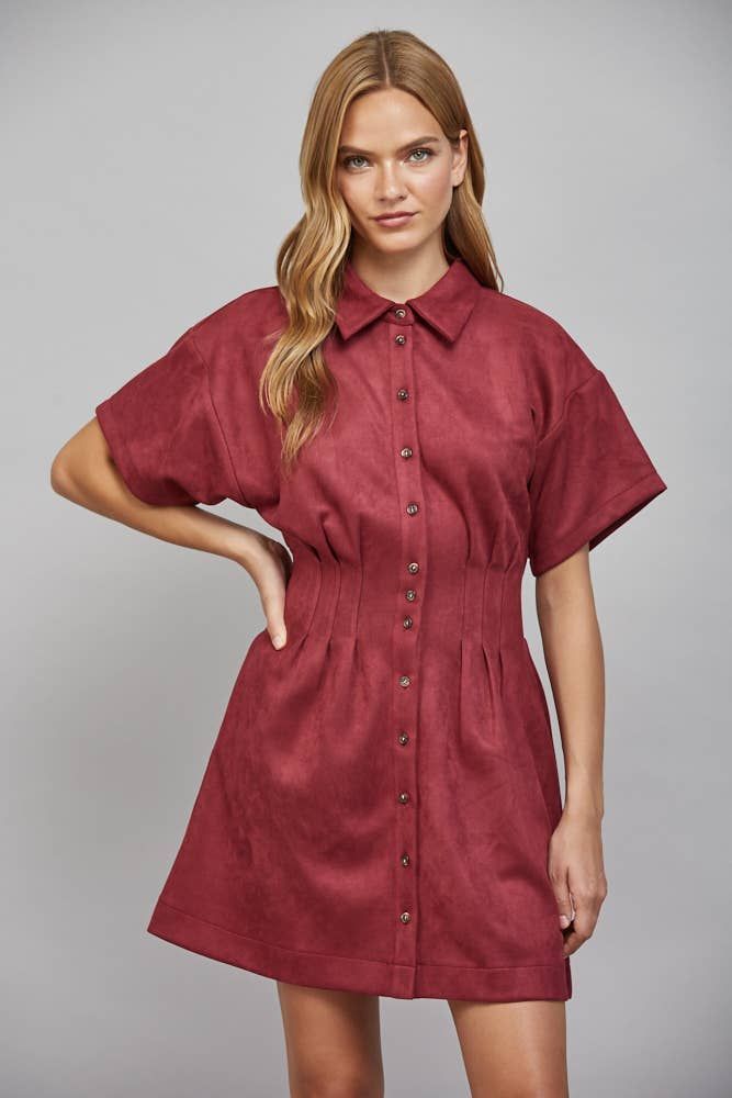 FAUX SUEDE PLEATED WAIST DETAIL SHIRT DRESS FD33253, Color: BURGUNDY, Size: L