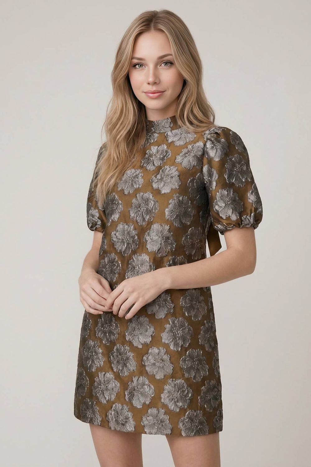FLORAL JACQUARD BACK BOW CLOSURE MINI DRESS - 28561D, Color: Bronze/Silver, Size: L