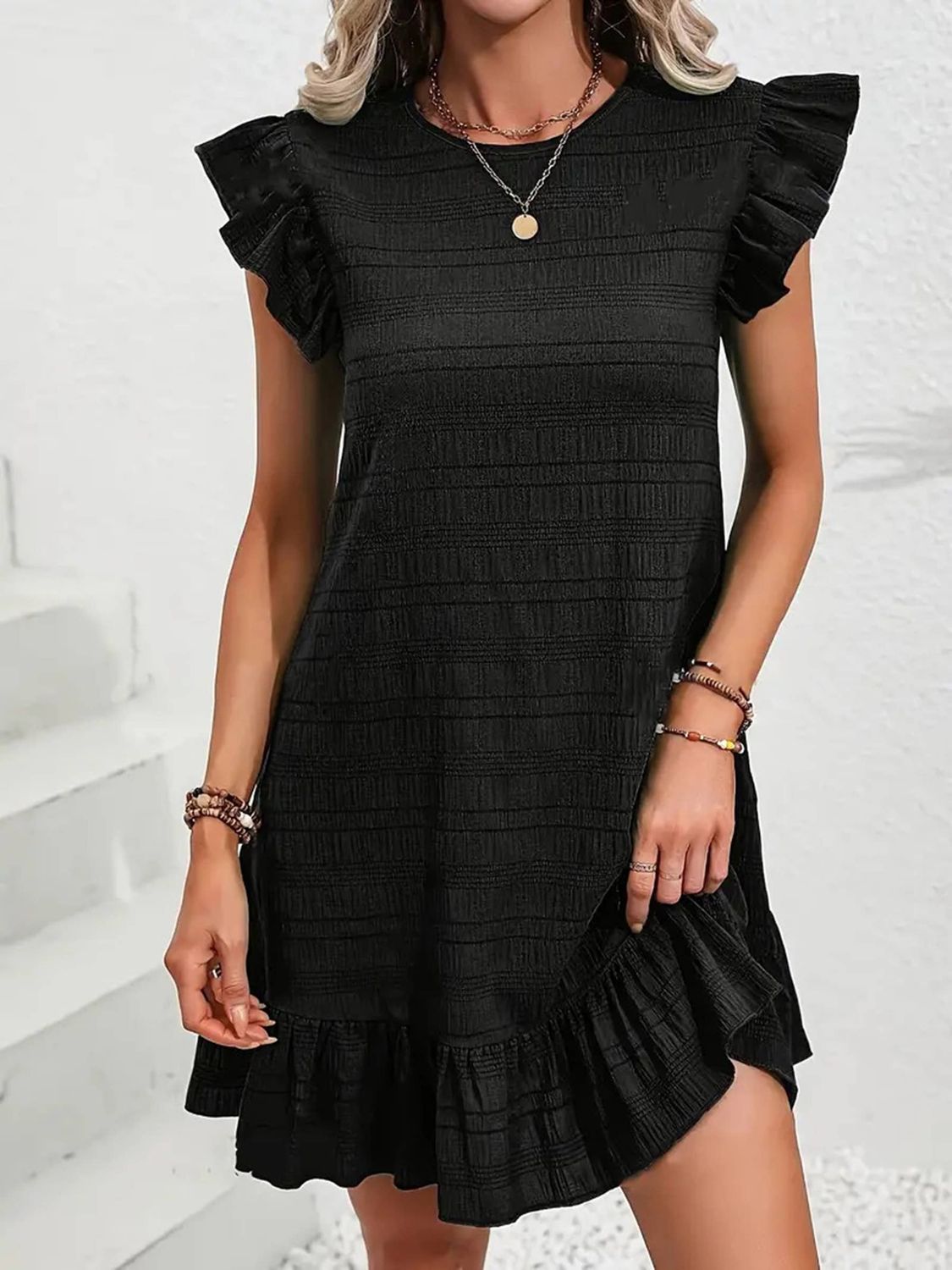 Solid Color Ruffled Sleeveless Dress, Color: Black, Size: XL