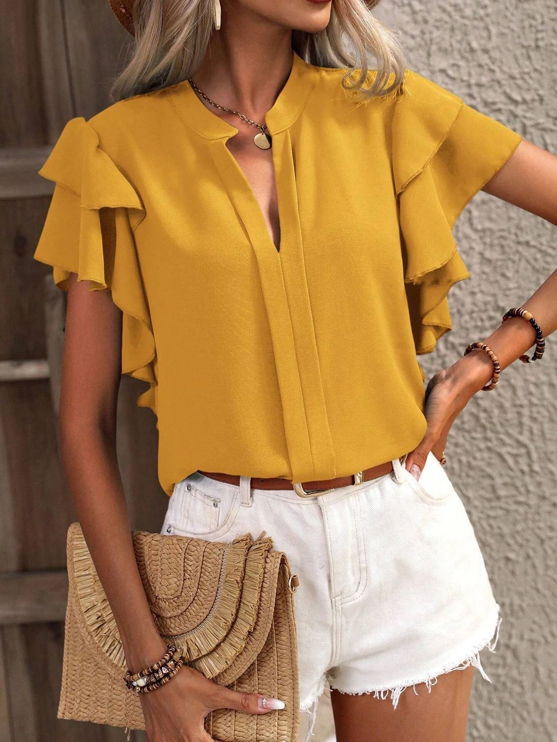V-neck Casual Double-layer Ruffle Sleeve Solid Color Shirt, Color: Yellow, Size: L