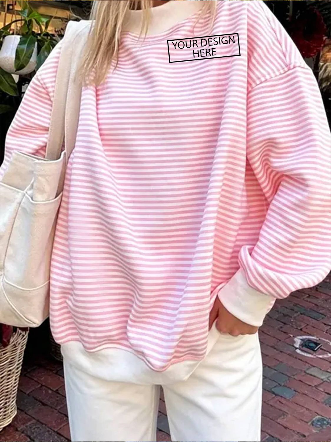 Pink Striped Mock Neck Sweatshirt Oversized Pullover