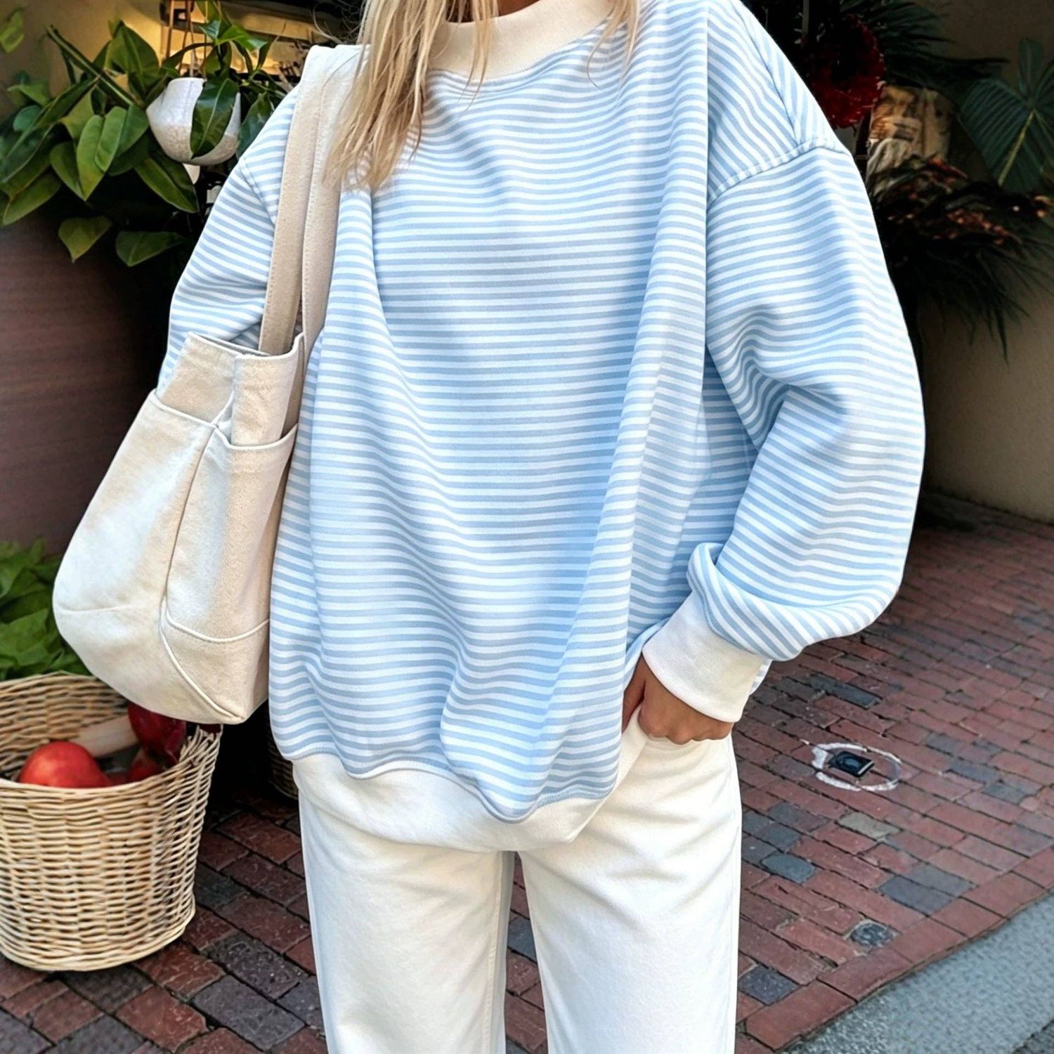 Pink Striped Mock Neck Sweatshirt Oversized Pullover, Color: Light Blue, Material: 95%cotton+5%elastane, Size: M