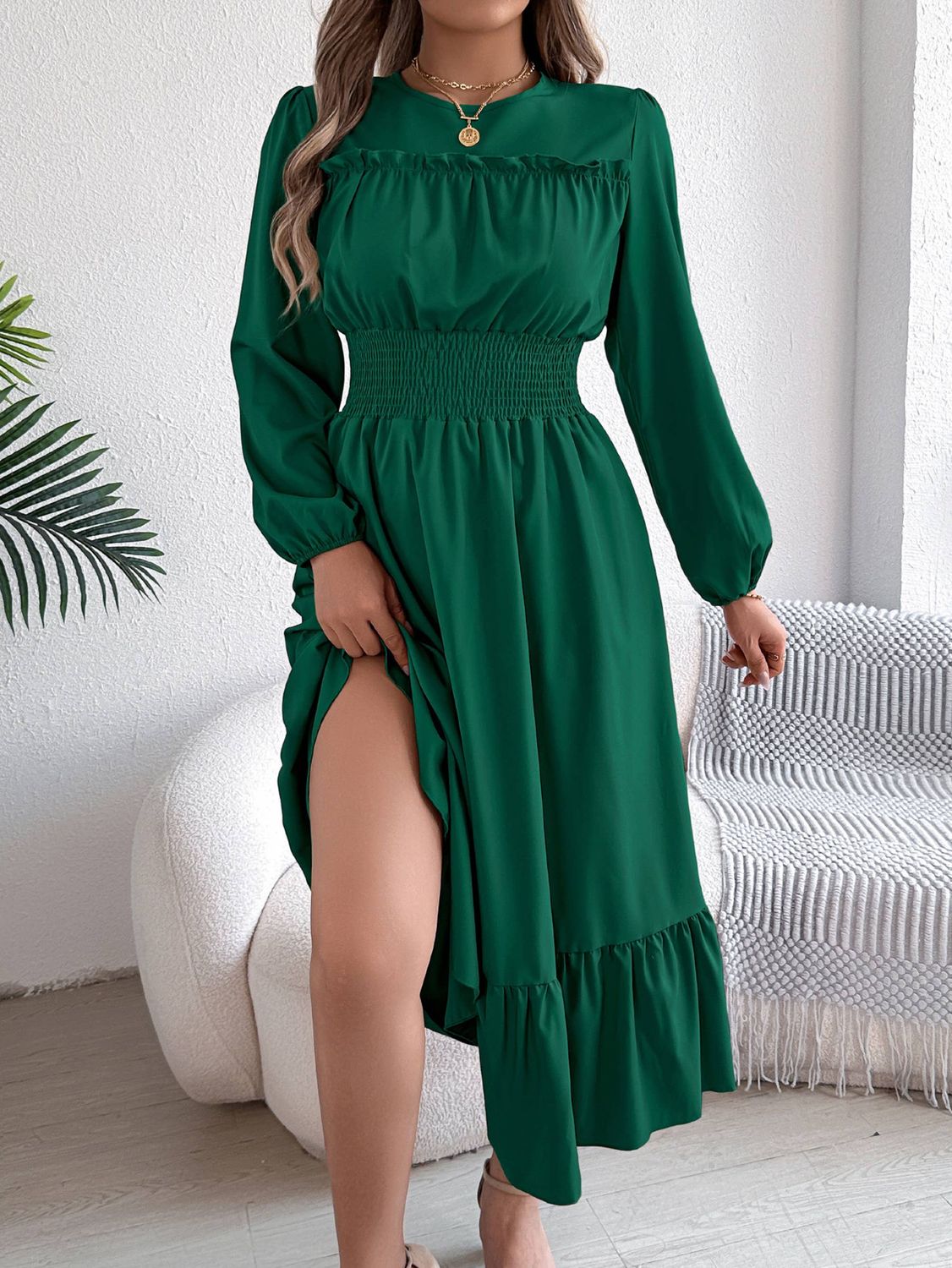 Solid Color Elegant Pleated Dress, Color: Green, Size: S