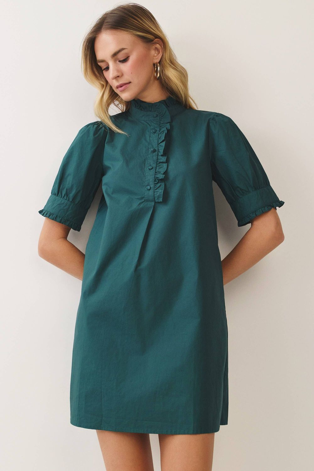 CD07567-Ruffle Trim Puff Sleeve Mini Dress