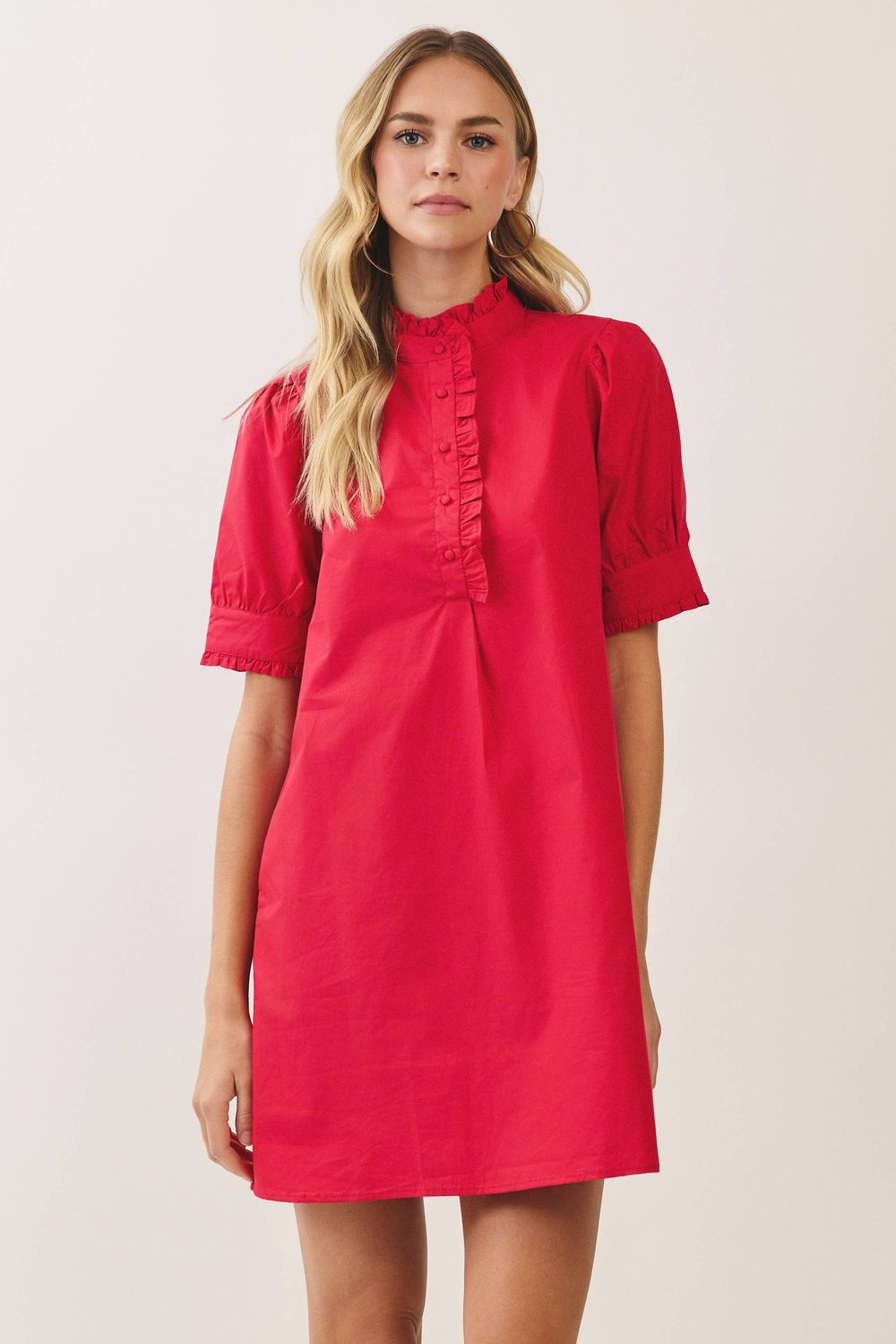 CD07567-Ruffle Trim Puff Sleeve Mini Dress, Color: Red, Size: M