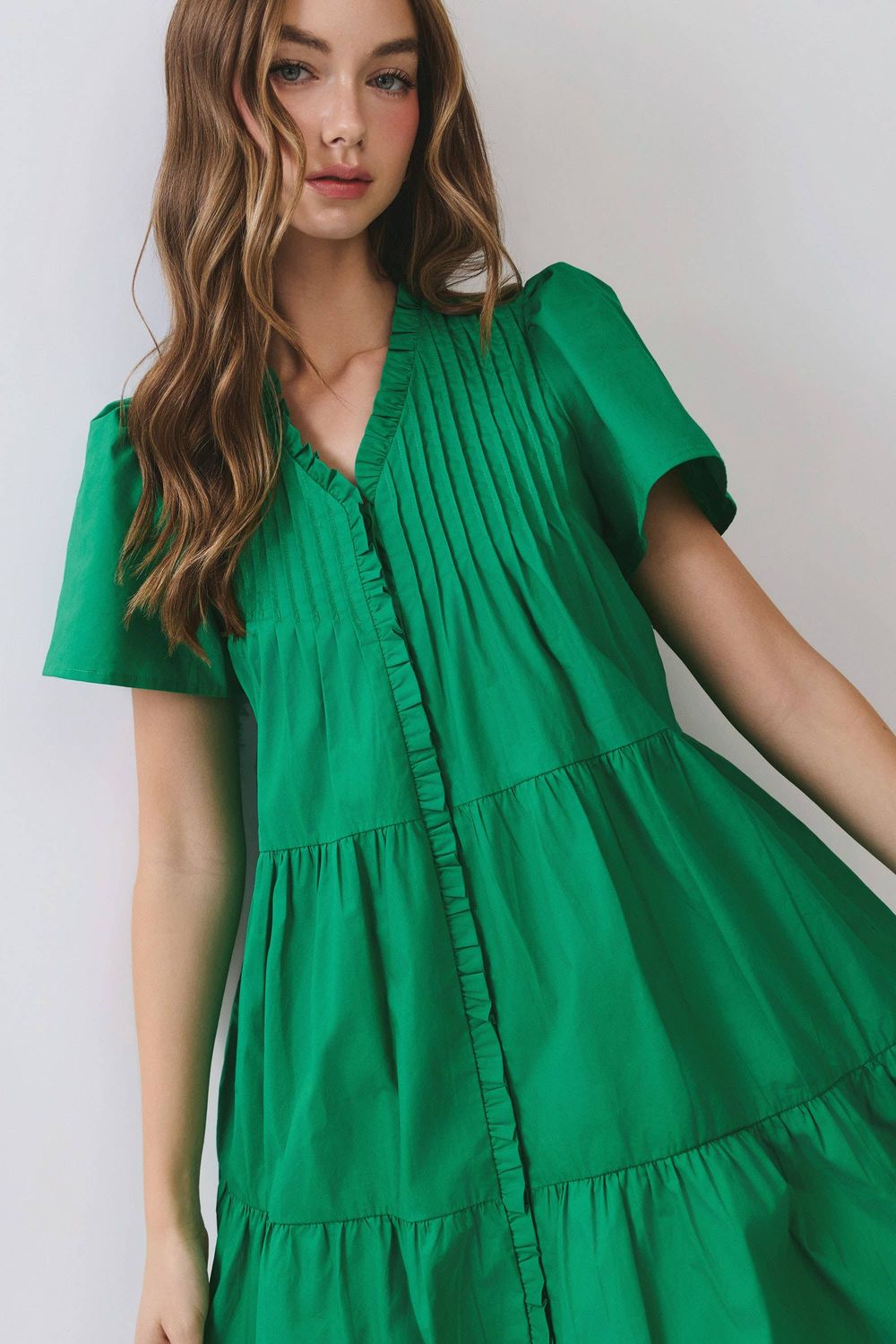 CD07040-Front Button Down Pleated Detail Ruffle Mini Dress