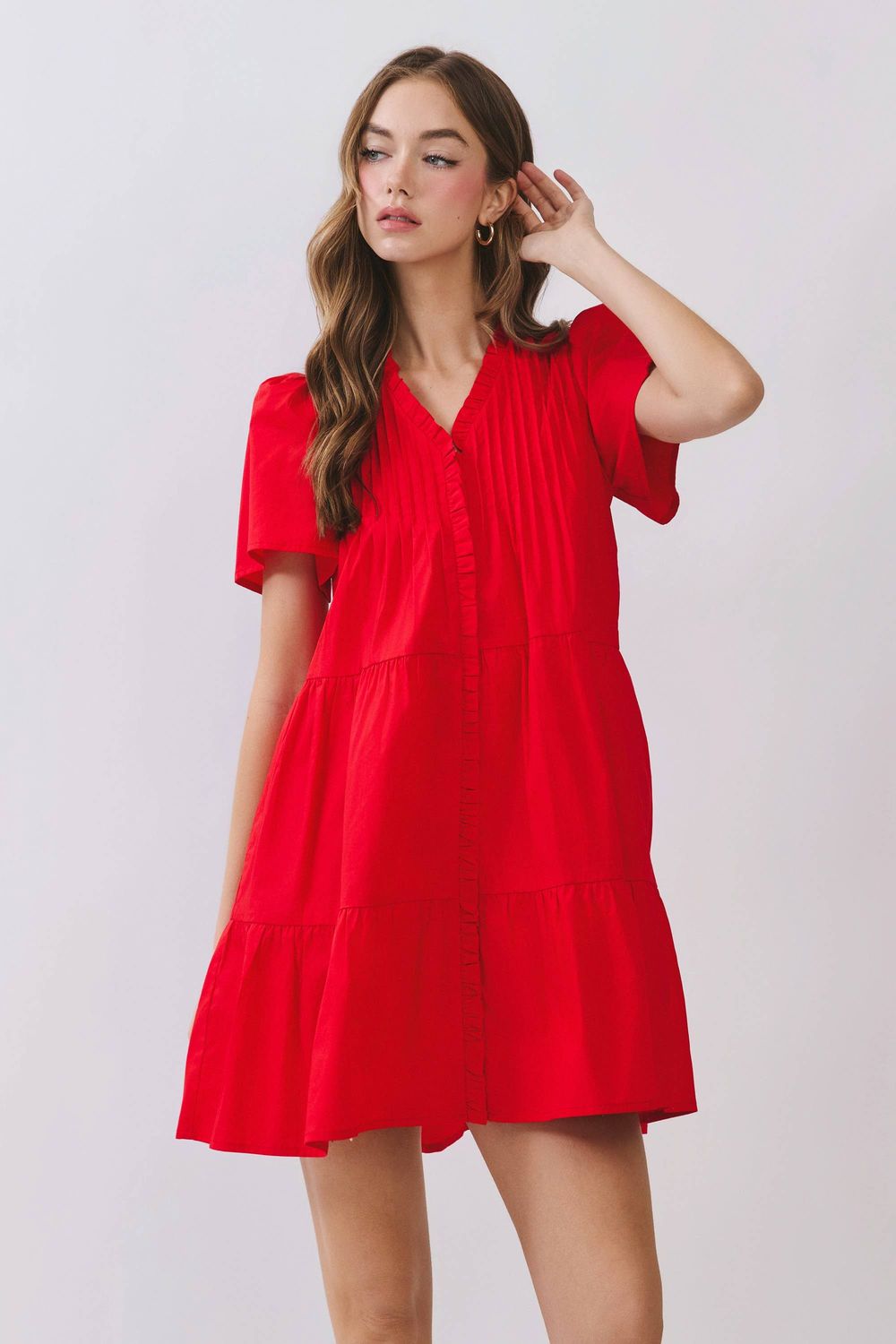 CD07040-Front Button Down Pleated Detail Ruffle Mini Dress, Color: Red, Size: L