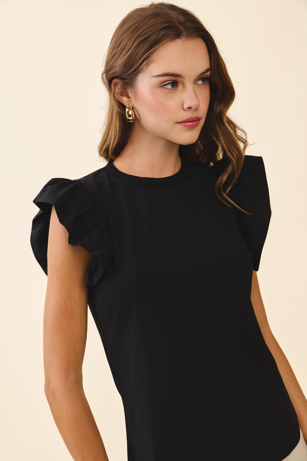 CT8763-Ruffled Flutter Sleeves Round Neck Sleeveless Top