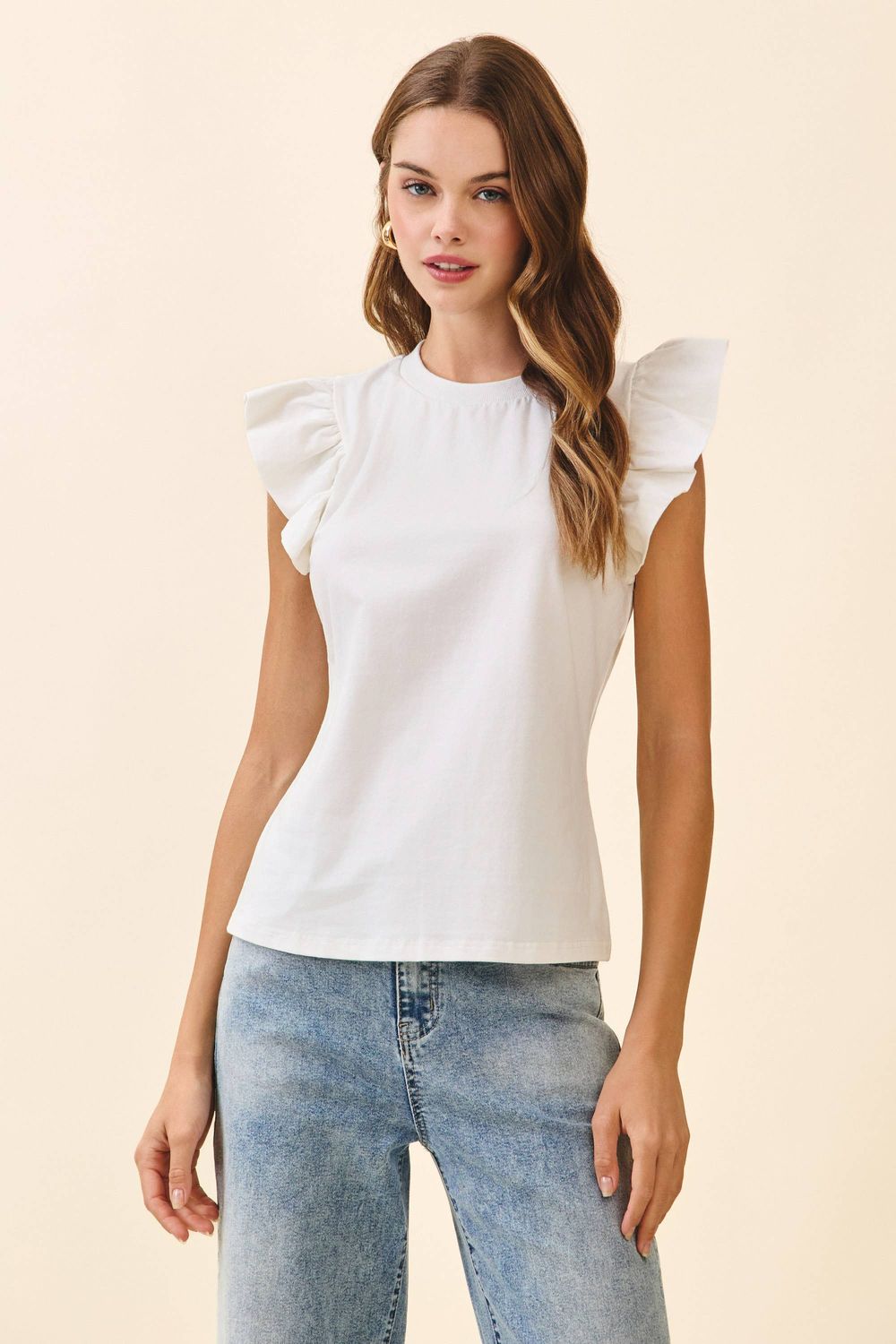 CT8763-Ruffled Flutter Sleeves Round Neck Sleeveless Top, Color: White, Size: L