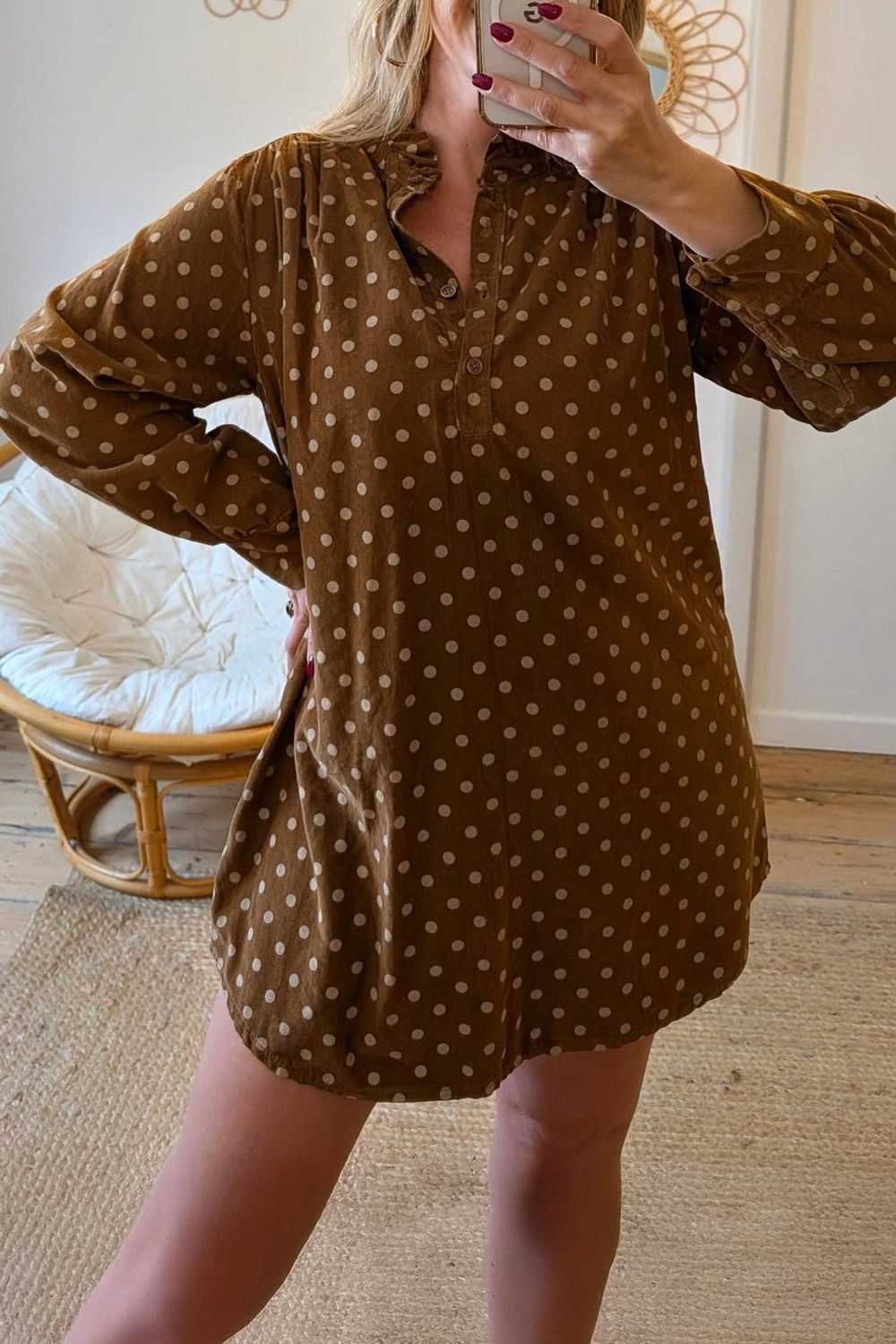 Polka Dot Ruffle Neck Shift Dress Button Front, Color: Brown, Material: 100%Polyester, Size: S