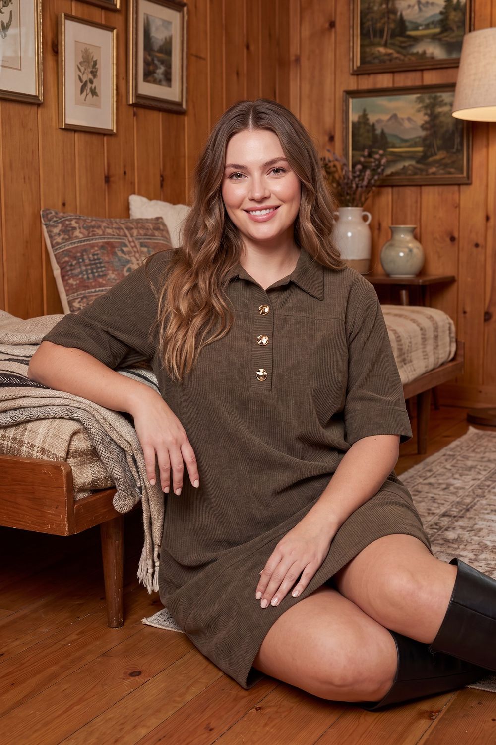 PLUS - SHORT SLEEVE WOVEN CORDUROY COLLARED SHIFT MINI DRESS WITH GOLD BUTTONS