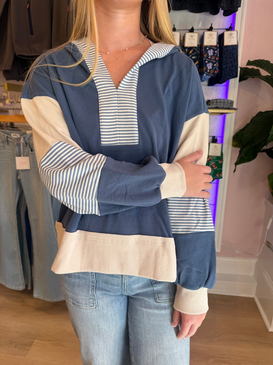 COLOR BLOCK LONG SLEEVE HOODIE KNIT SWEATSHIRT TOP