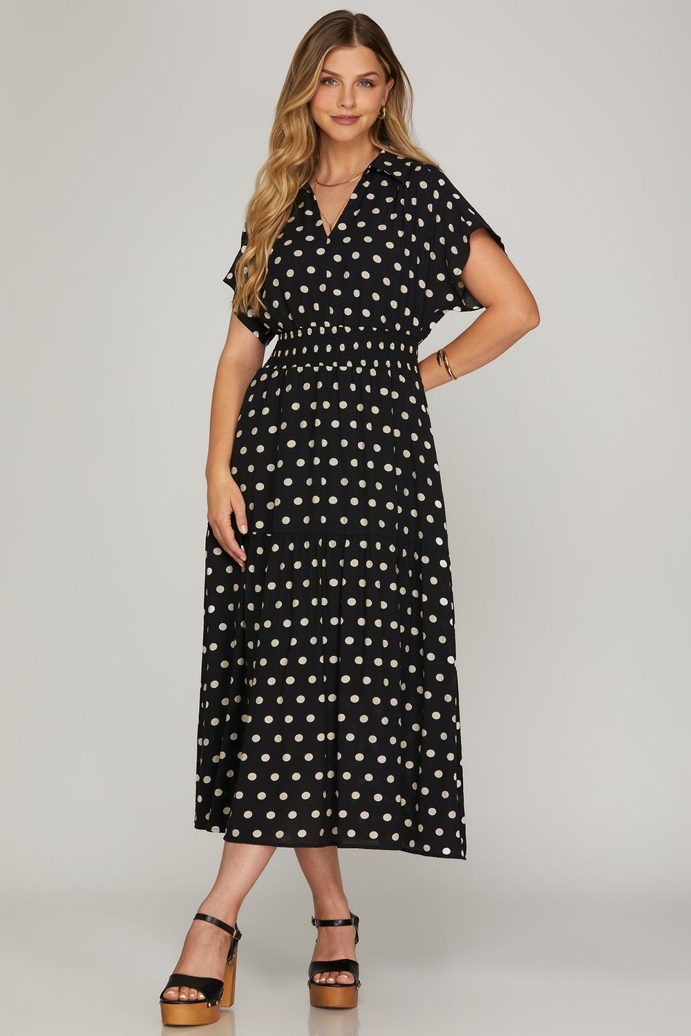 SHORT DROP SLEEVE WOVEN POLKA DOT PRINT COLLARED WAIST SMOCKING MIDI DRESS