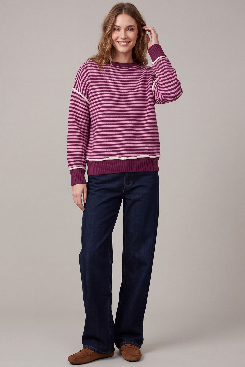 LONG SLEEVE STRIPE SWEATER TOP WITH CONTRAST RIB