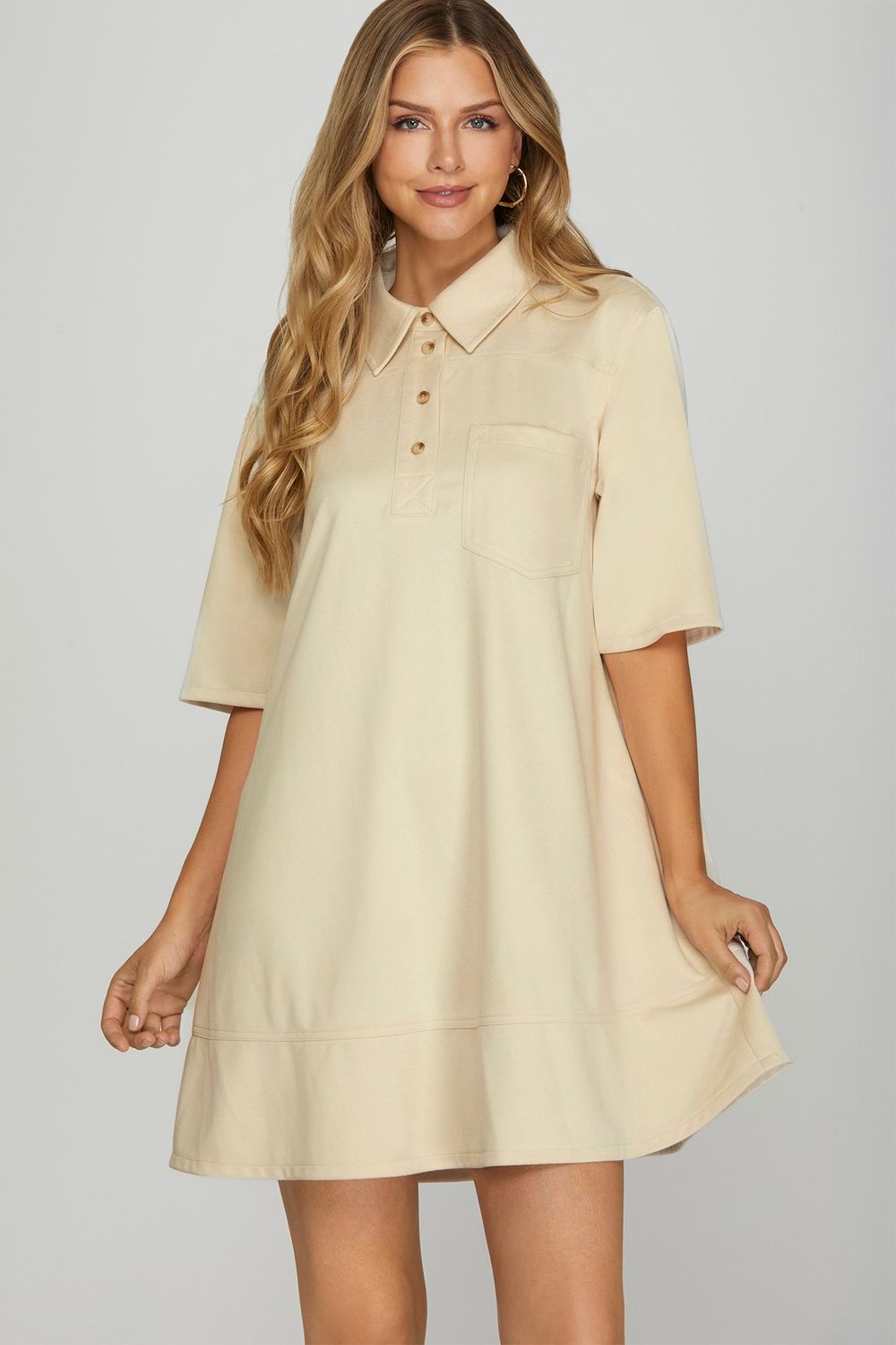 HALF SLEEVE COLLARED SUEDE MINI DRESS WITH POCKETS