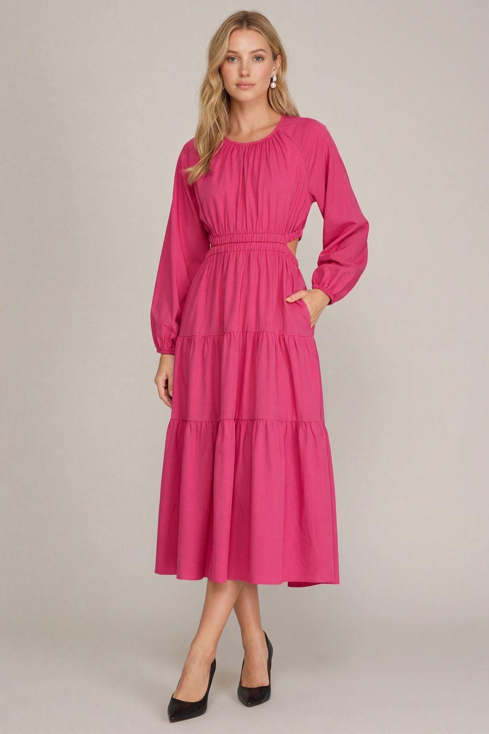 LONG SLEEVE WOVEN TIERED MAXI DRESS WITH BACK WAIST CUT OUT DETAIL