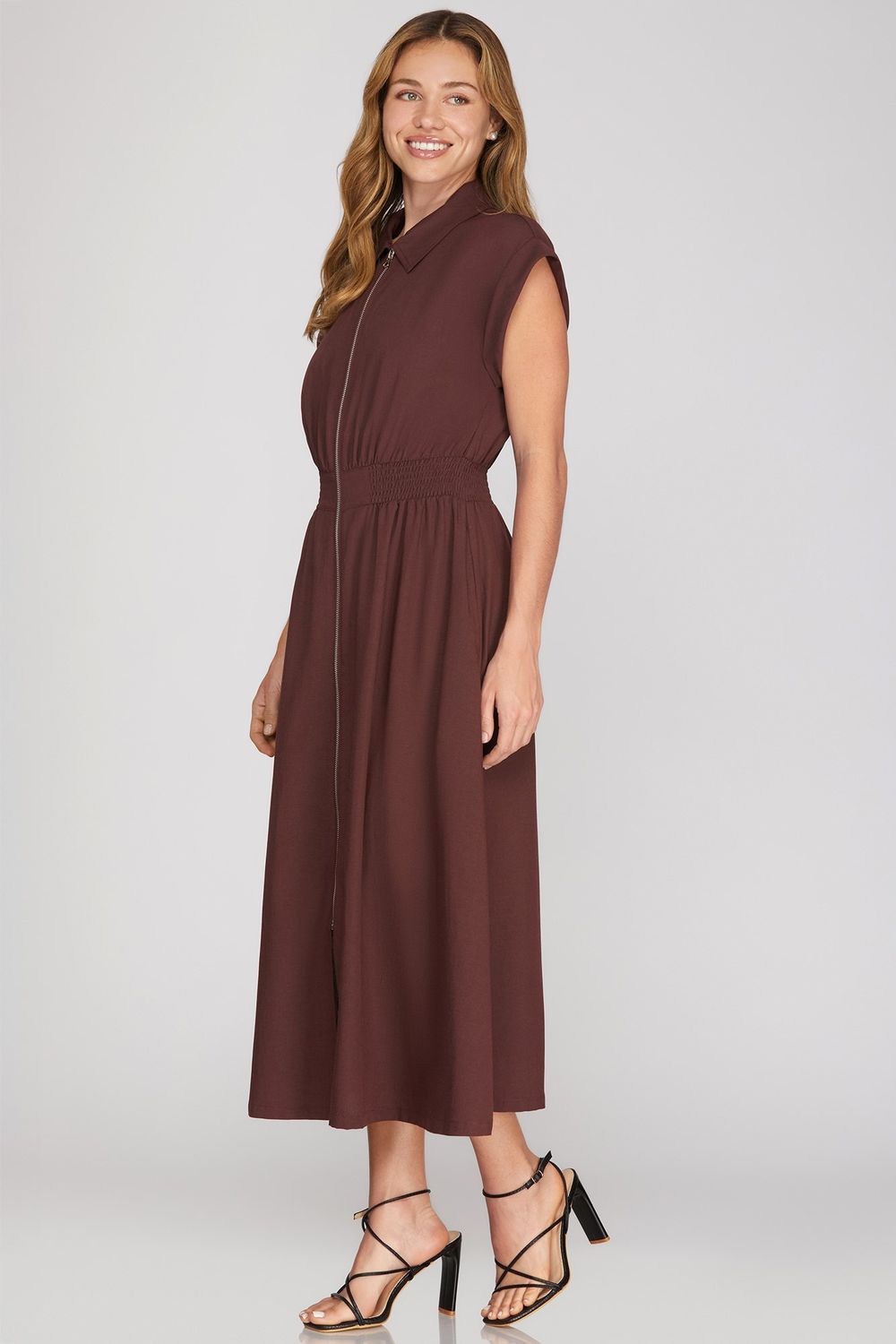 DROP SLEEVE WOVEN COLLARED ZIP UP MIDI DRESS WITH POCKETS