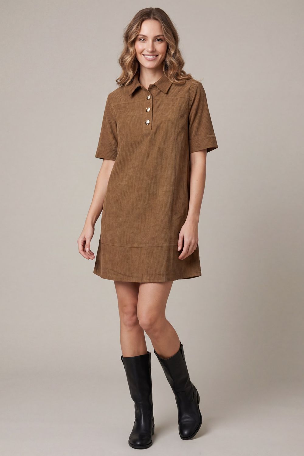 SHORT SLEEVE WOVEN CORDUROY COLLARED SHIFT MINI DRESS WITH GOLD BUTTONS