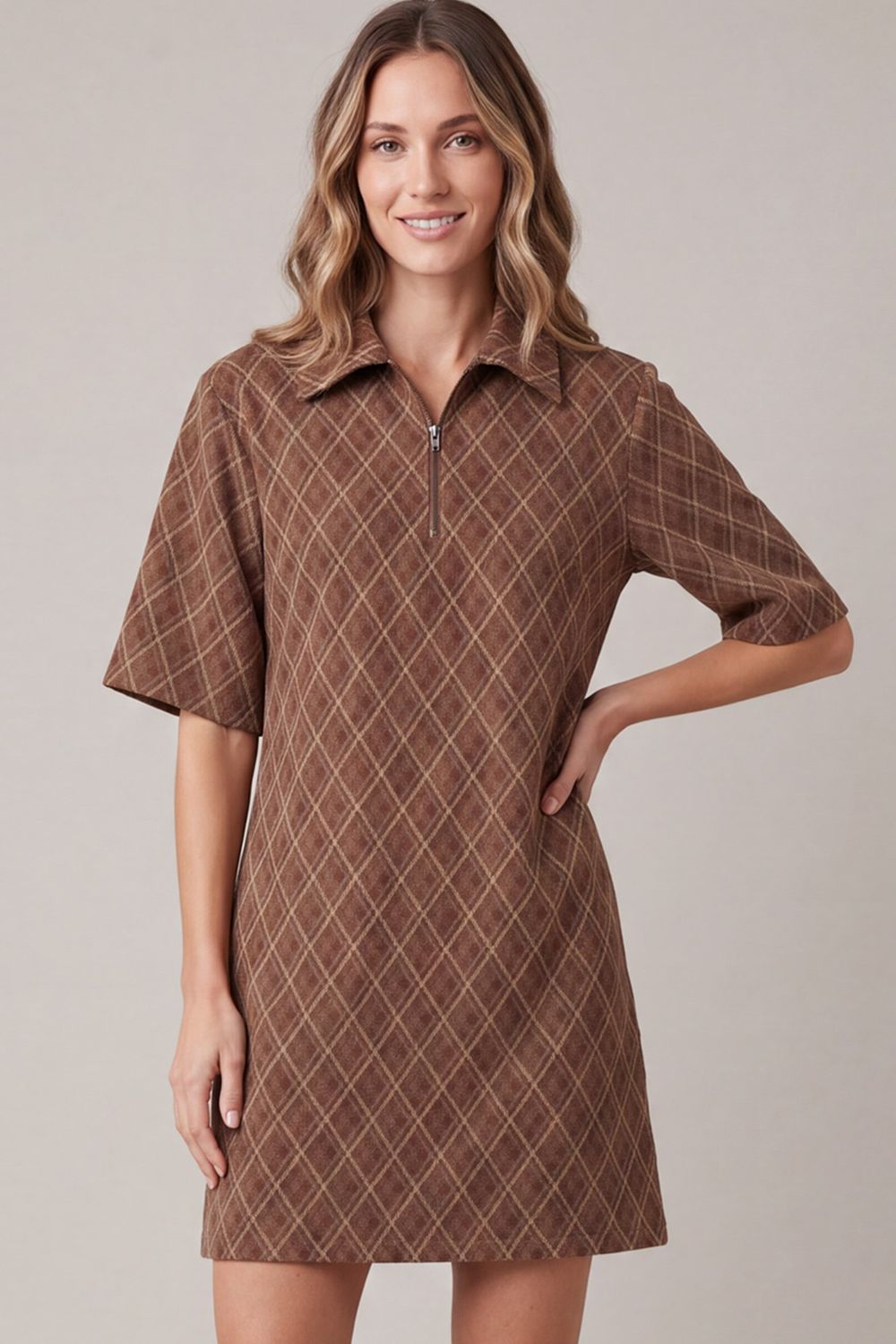 HALF SLEEVE STRETCH PLAID HALF ZIP COLLARED MINI DRESS WITH POCKETS