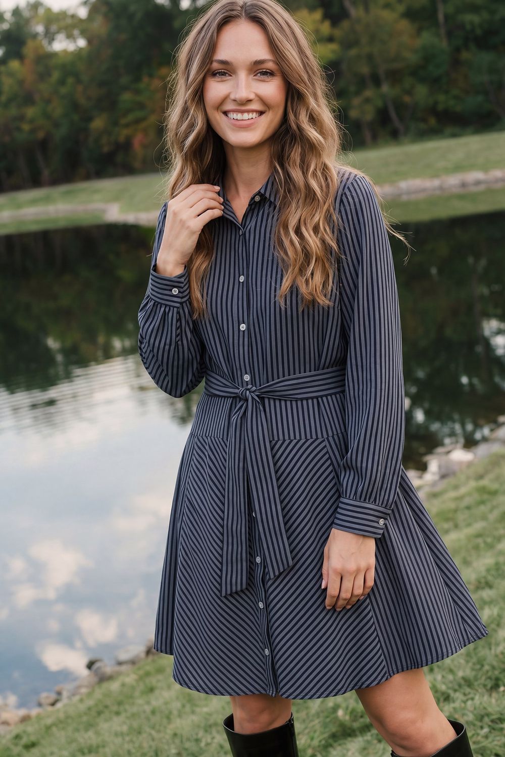 LONG SLEEVE BUTTON DOWN STRIPED MINI DRESS WITH POCKETS