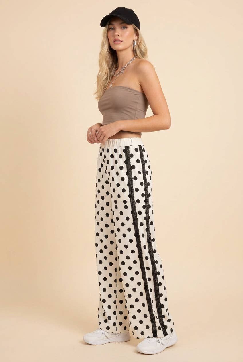 High-waisted wide leg allover polka dot Pants, Color: IVORY, Size: 2-2-2(S-M-L)