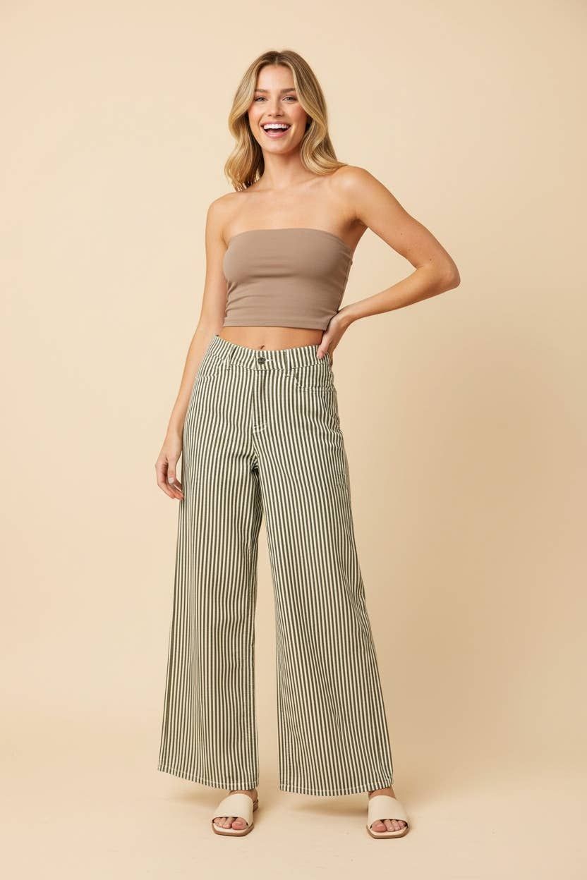 High-Rise Wide-Leg Railroad Stripe Pants, Color: OLIVE, Size: 2-2-2(S-M-L)