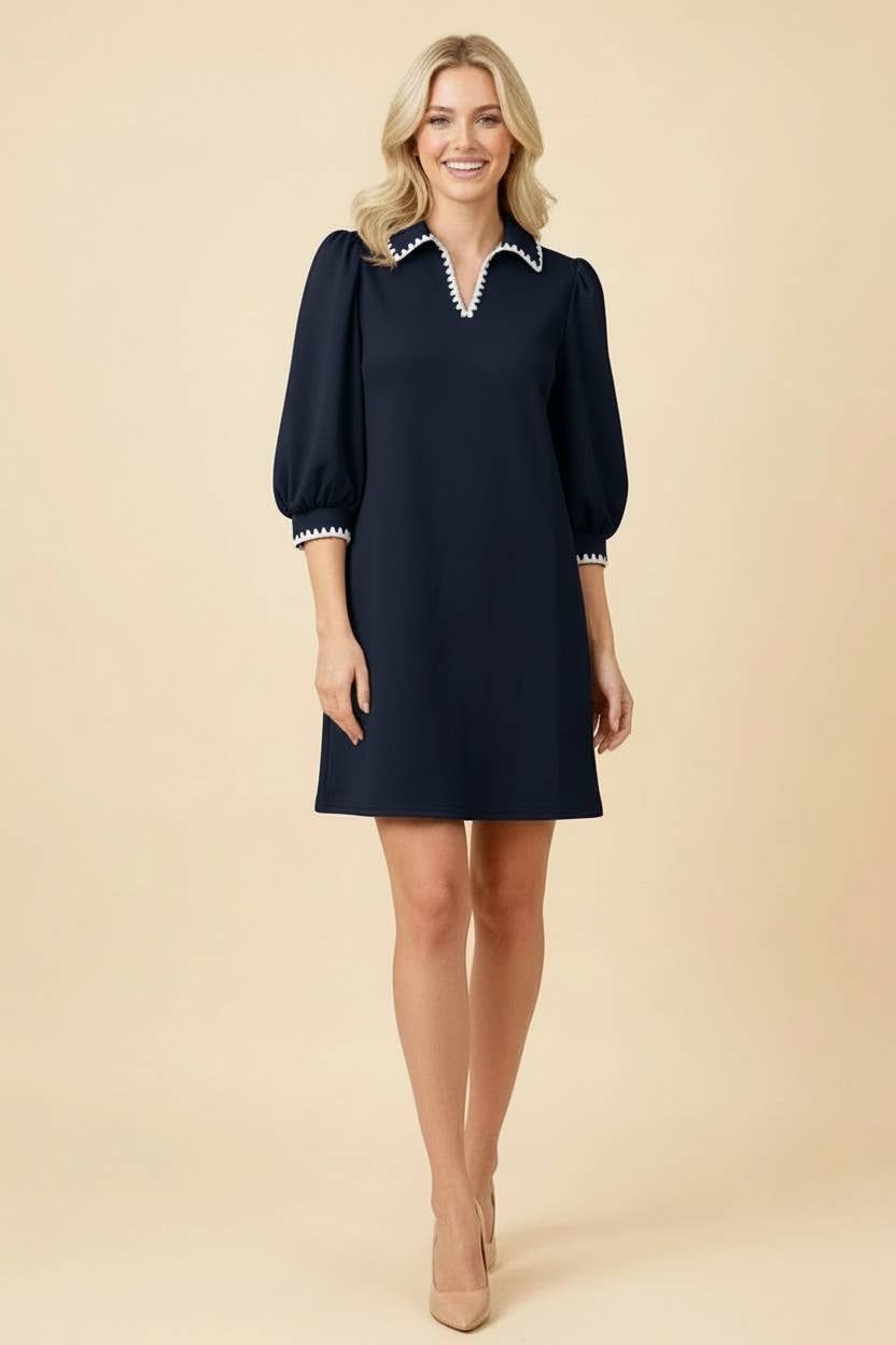 Scallop Trim Puff Sleeve Mini Shift Dress, Color: NAVY, Size: 3-2-1(XL-1XL-2XL)
